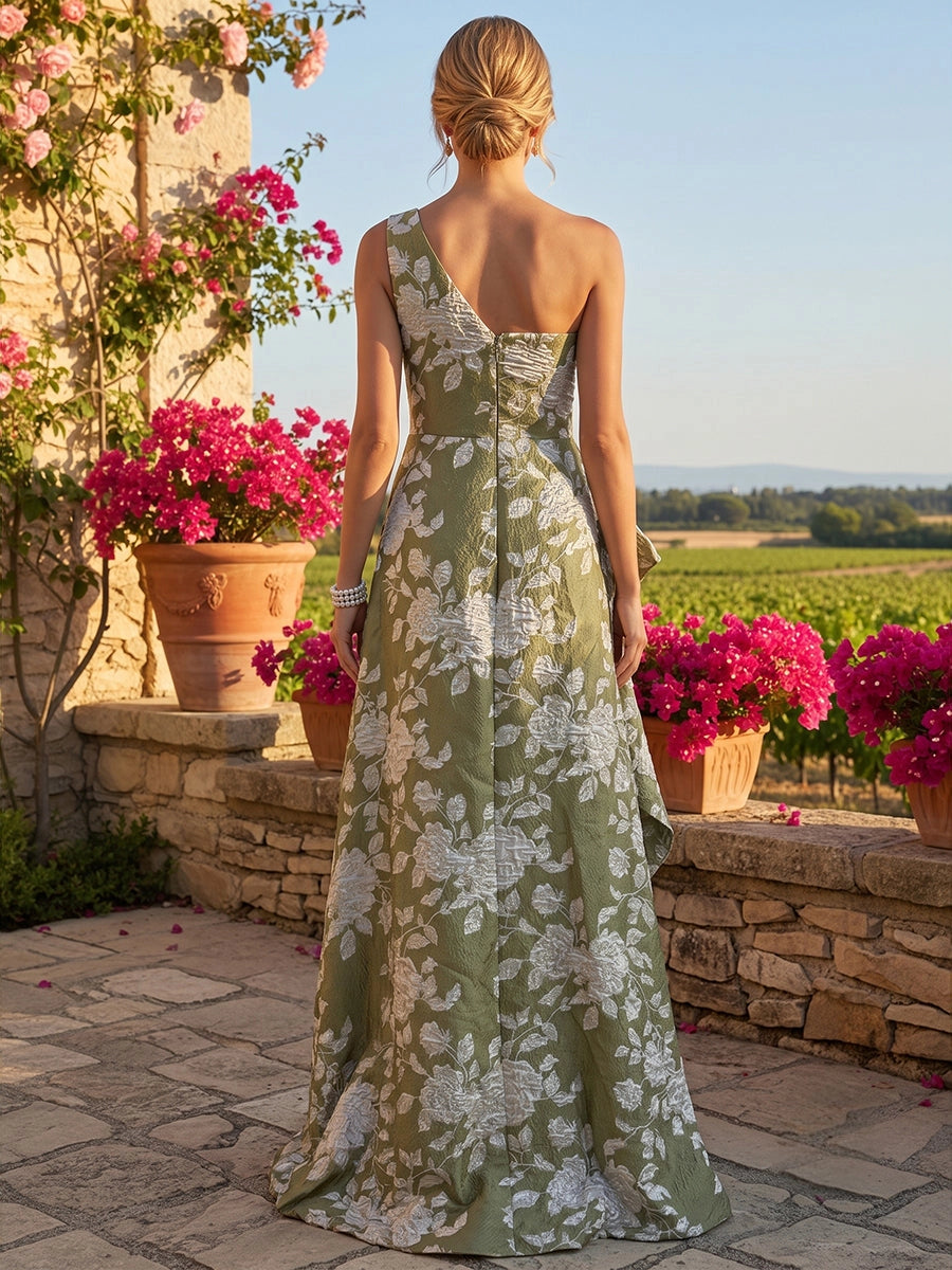 Vedress zip‑back textured floral one‑shoulder long formal mother gown back view