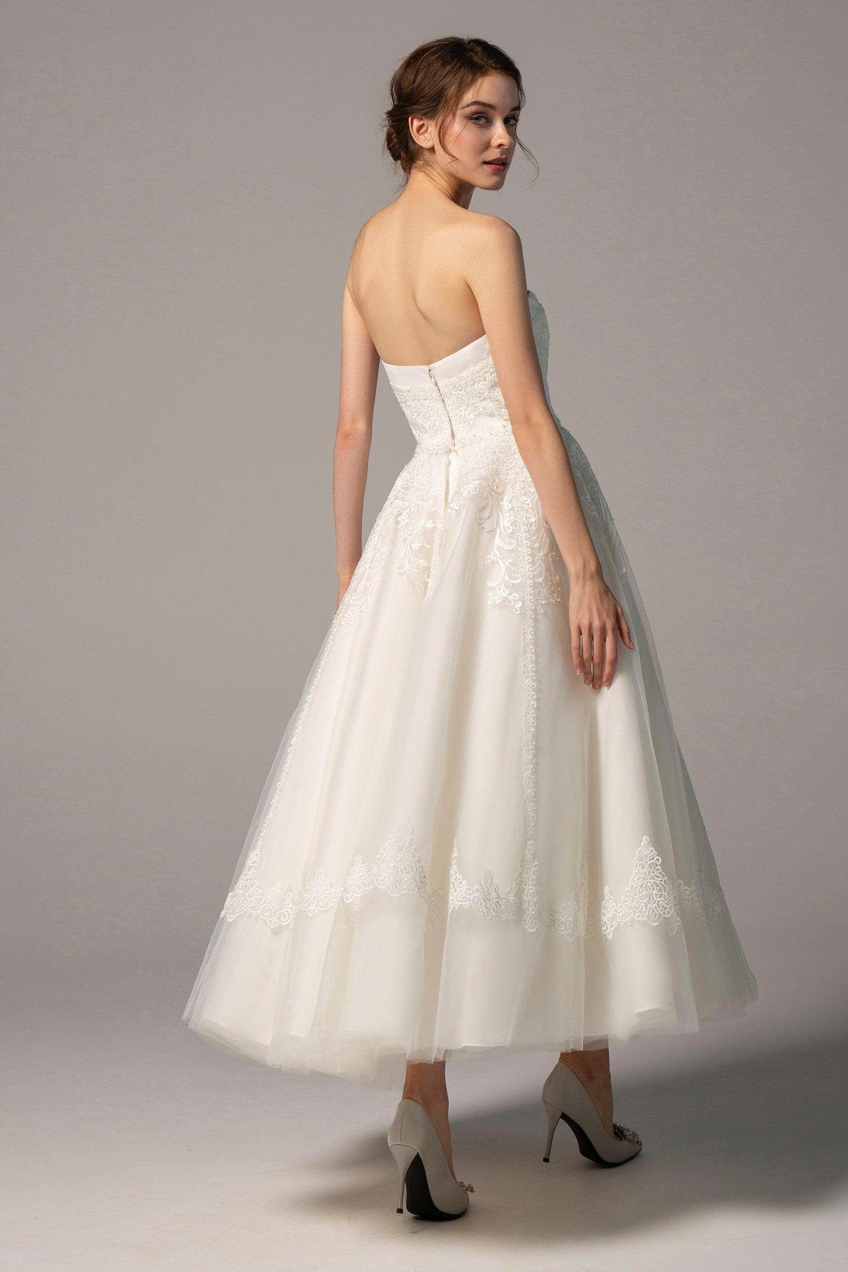 Vedress Vintage Strapless Lace Tea Length Midi Wedding Dress A Line Plain Back