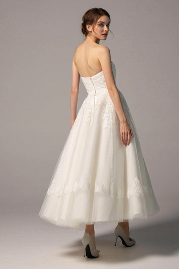 Vedress Vintage Strapless Lace Tea Length Midi Wedding Dress A Line Plain Back