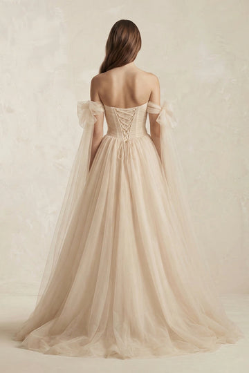 Dreamy A-Line Sweetheart Off Shoulder Bow Sleeve Lace Up Back Train Wedding Prom Dress