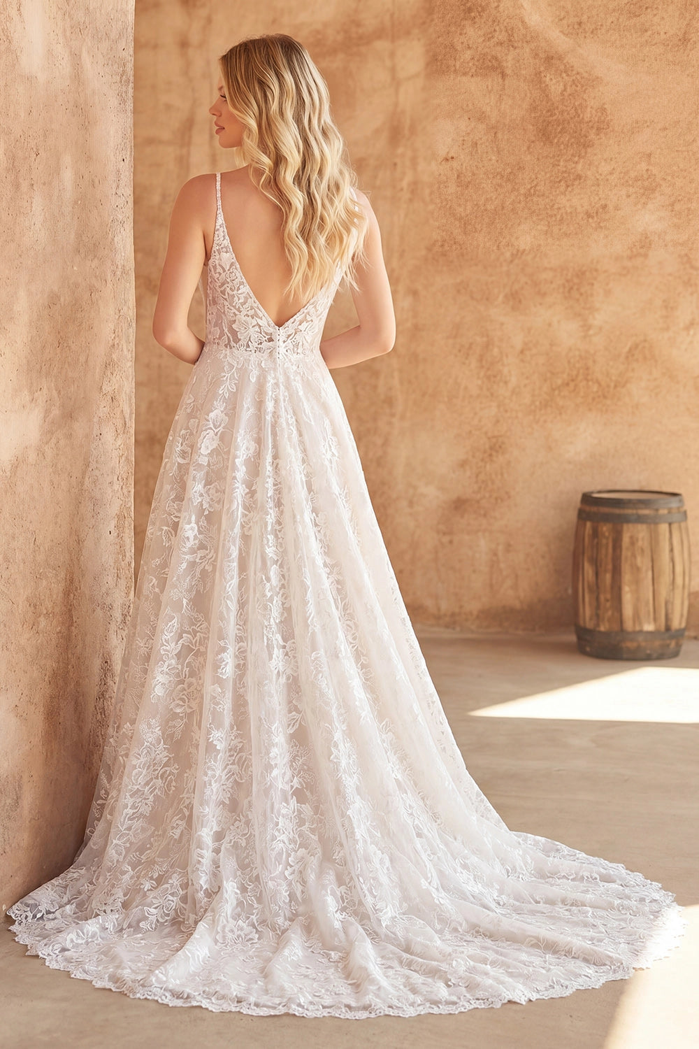 Boho Floral Lace A-Line Deep V Spaghetti Strap Low V Back Cathedral Train Wedding Dress