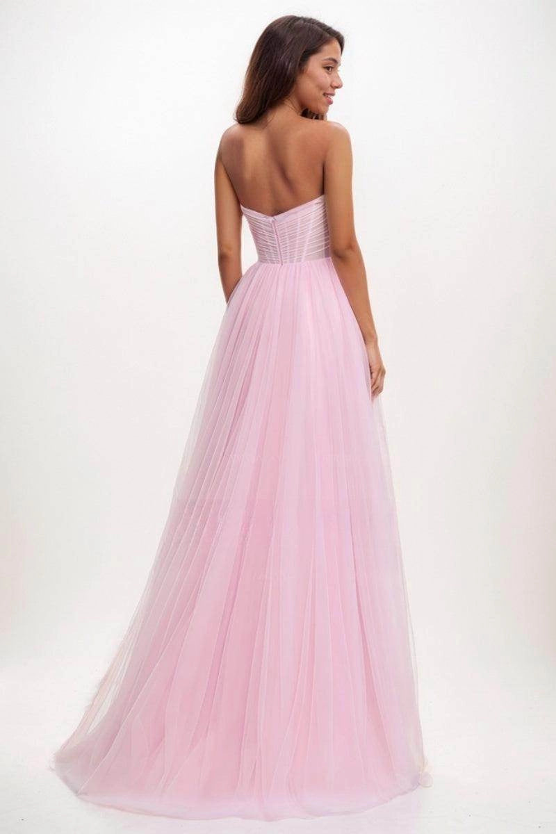 Light Pink Strapless Sweetheart Corset Tulle A-Line Long Formal Prom Dress