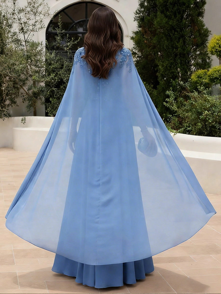 Vedress sheer cape sleeve formal evening gown solid closed back rear photo  