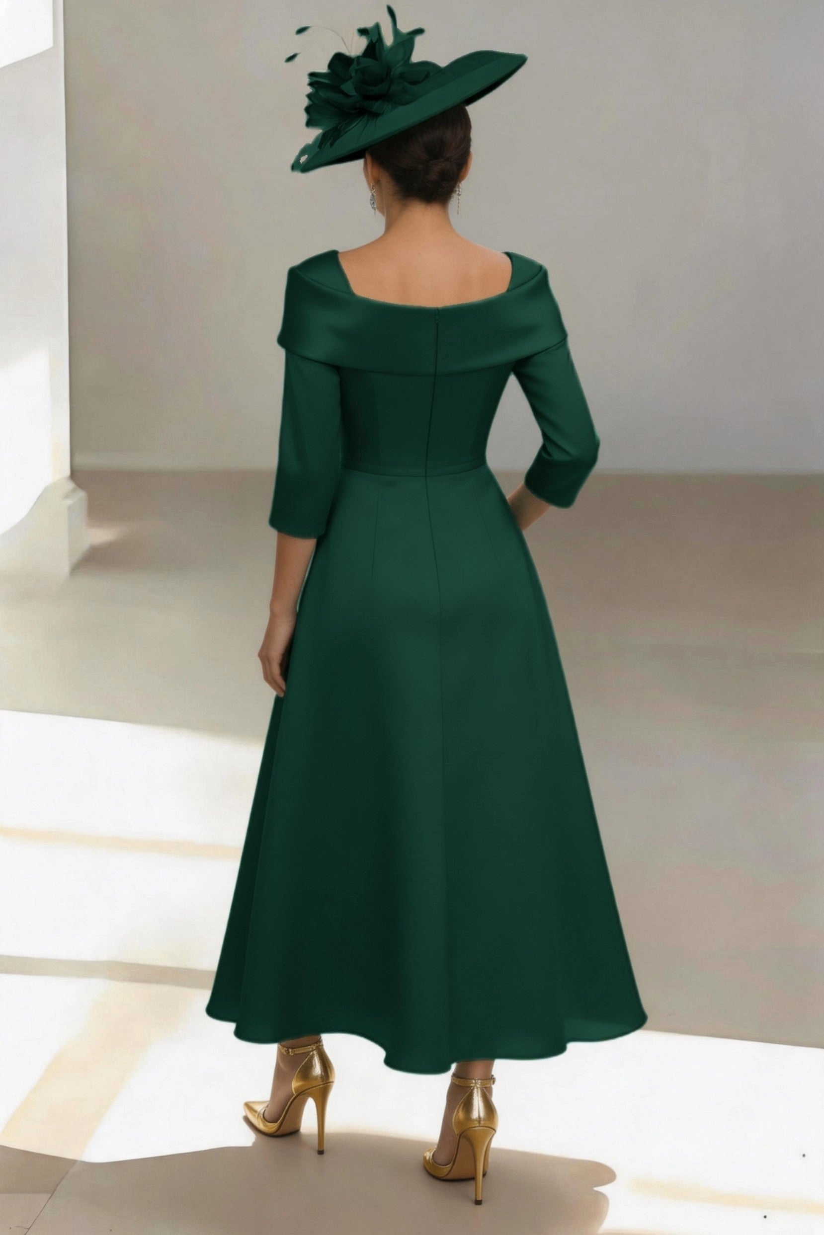 Vintage A-Line Off Shoulder 3/4 Sleeve Zip Back Midi Mother Of The Bride Dress
