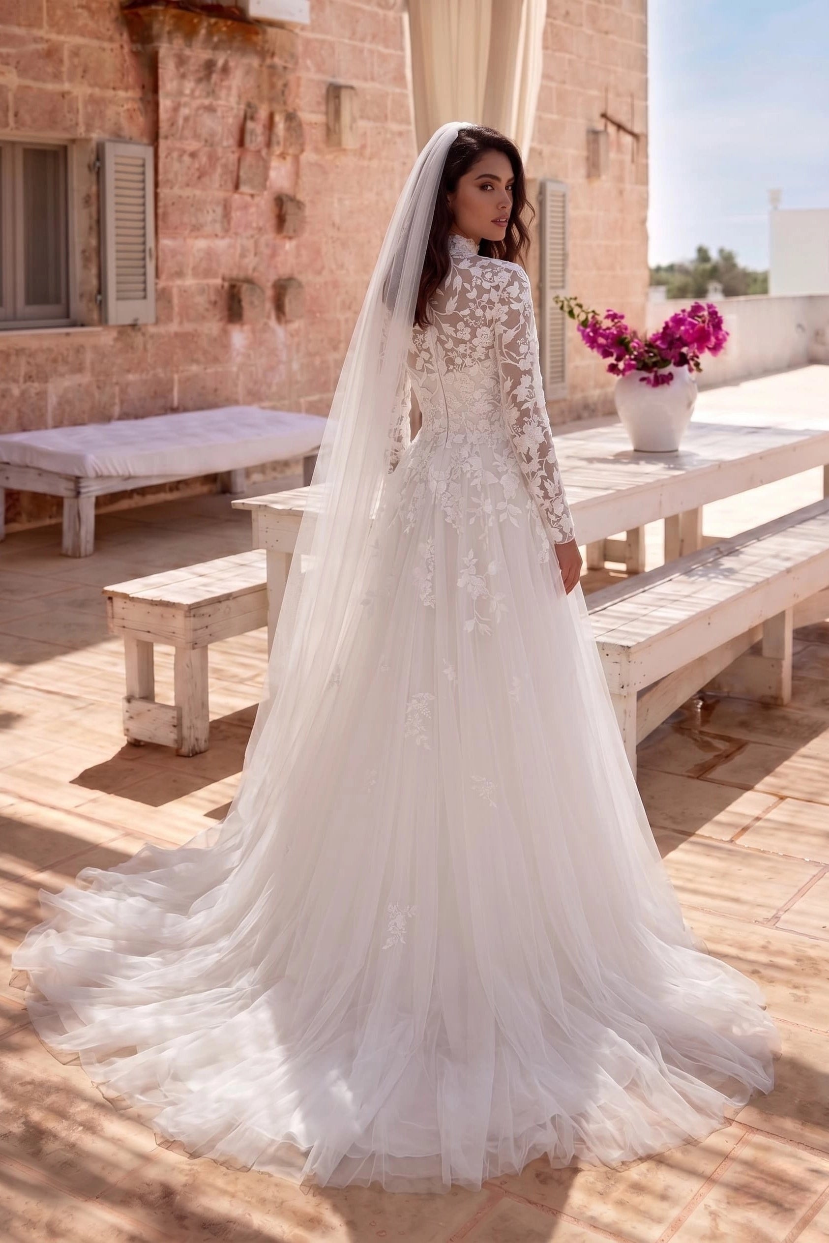 Vintage A line High Neck Long Sleeve Zipper Back Train Modest Wedding Dress