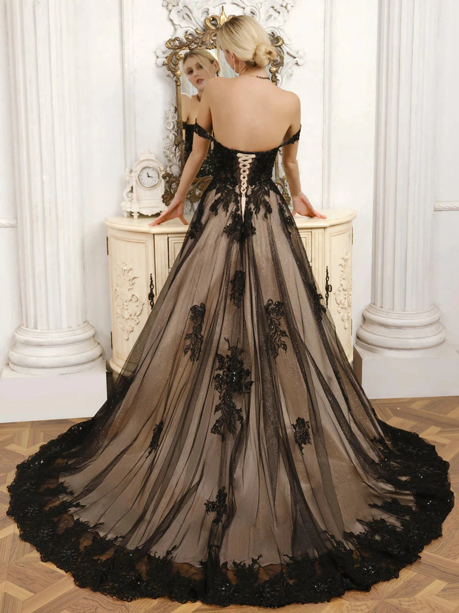 Black Lace Sparkly A-Line Sweetheart Off Shoulder Corset Lace-Up Train Prom Gown