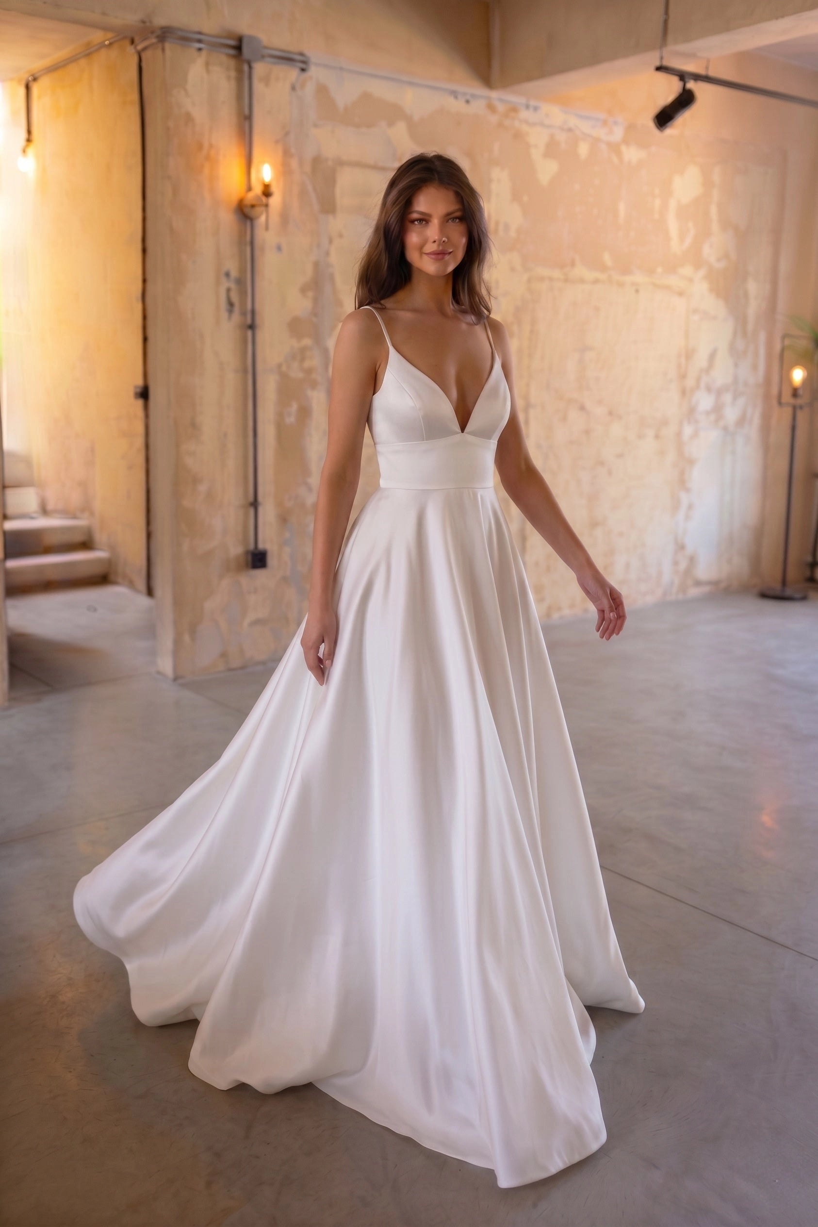 Vedress luxury minimal satin a line wedding dress deep v spaghetti strap sweep train for modern elopement bride