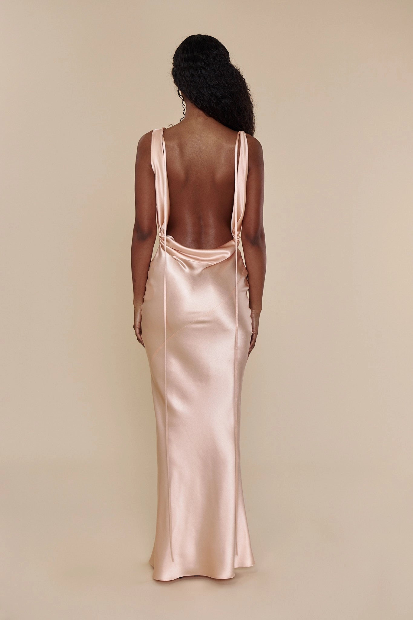 Back view Vedress adjustable tie‑strap low‑back satin long prom dress