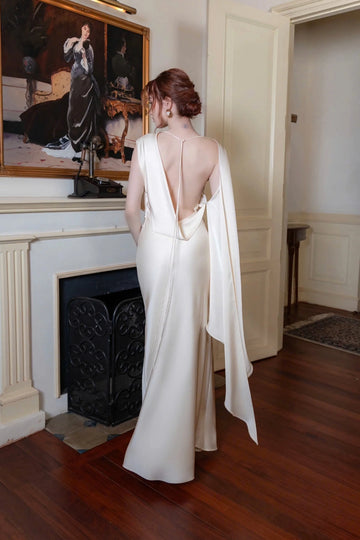 Elegant Sheath Bateau Sleeveless Plunge Back Floor‑Length Wedding Dress