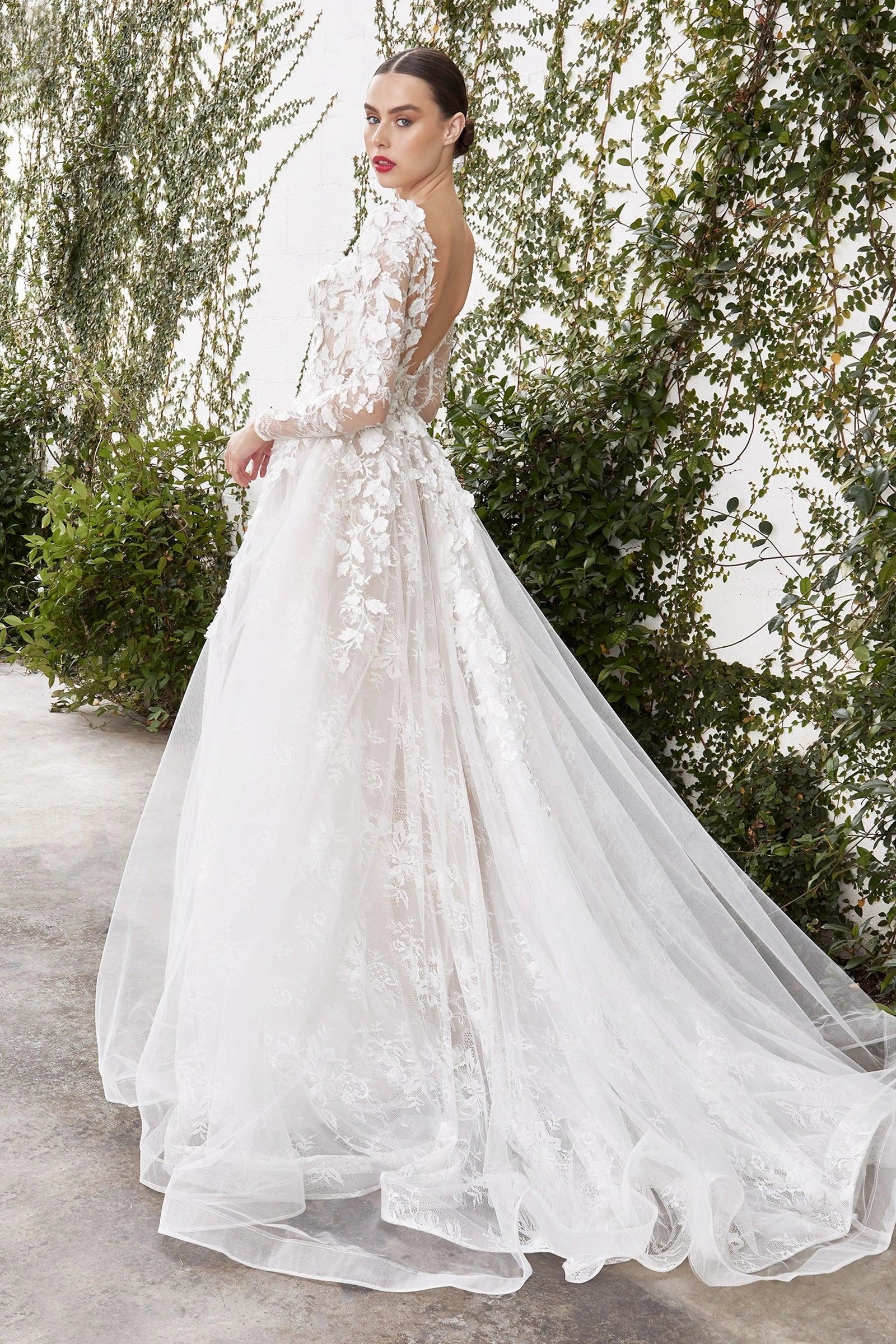 Romantic 3D Floral A-Line Deep V Long Sleeve Low Back Tulle Wedding Dress