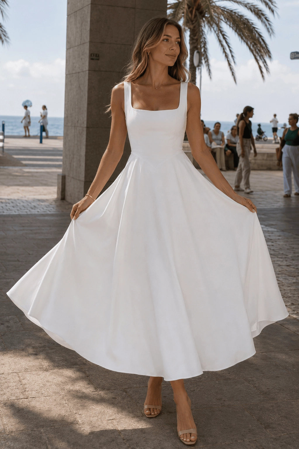 Timeless A-Line Square Neck Sleeveless Classic Back Midi Wedding Guest Dress