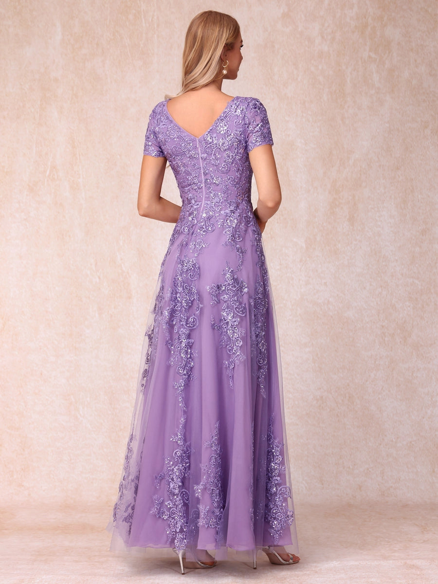 Back view purple formal gown,deep v‑back,hidden zipper closure vedress