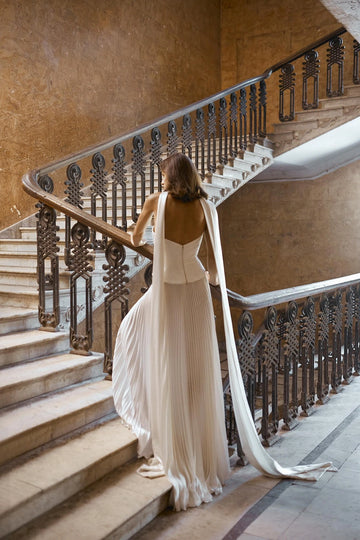 Ivory Satin Wedding Dress Chic A-line Strapless Cape Strap Deep Back Floor-length Wedding Dress