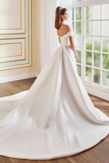 Classic A-Line Off Shoulder Zip Back Satin Wedding Dress With Cathedral Train