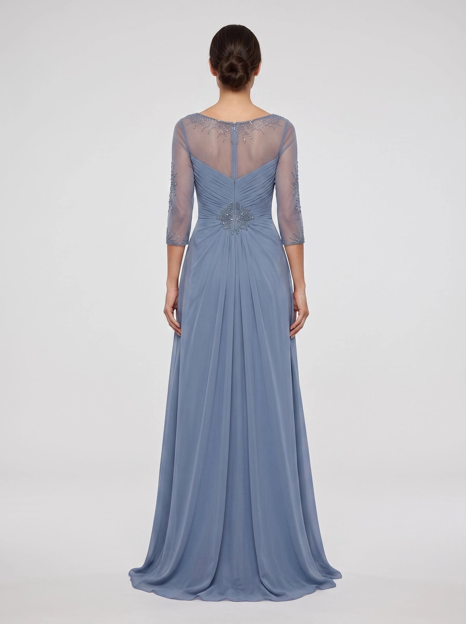 Illusion mesh back dusty blue chiffon beaded waist formal evening gown