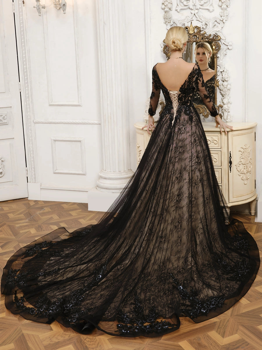 Elegant A Line Deep V Long Sleeve Low Back Court Train Wedding Dress