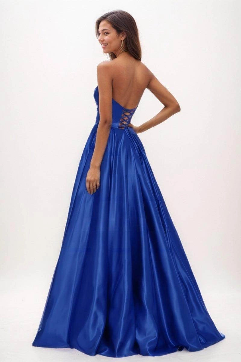 Royal Blue Strapless Sweetheart Rhinestone Bow Lace-Up Back A-Line Long Prom Dress