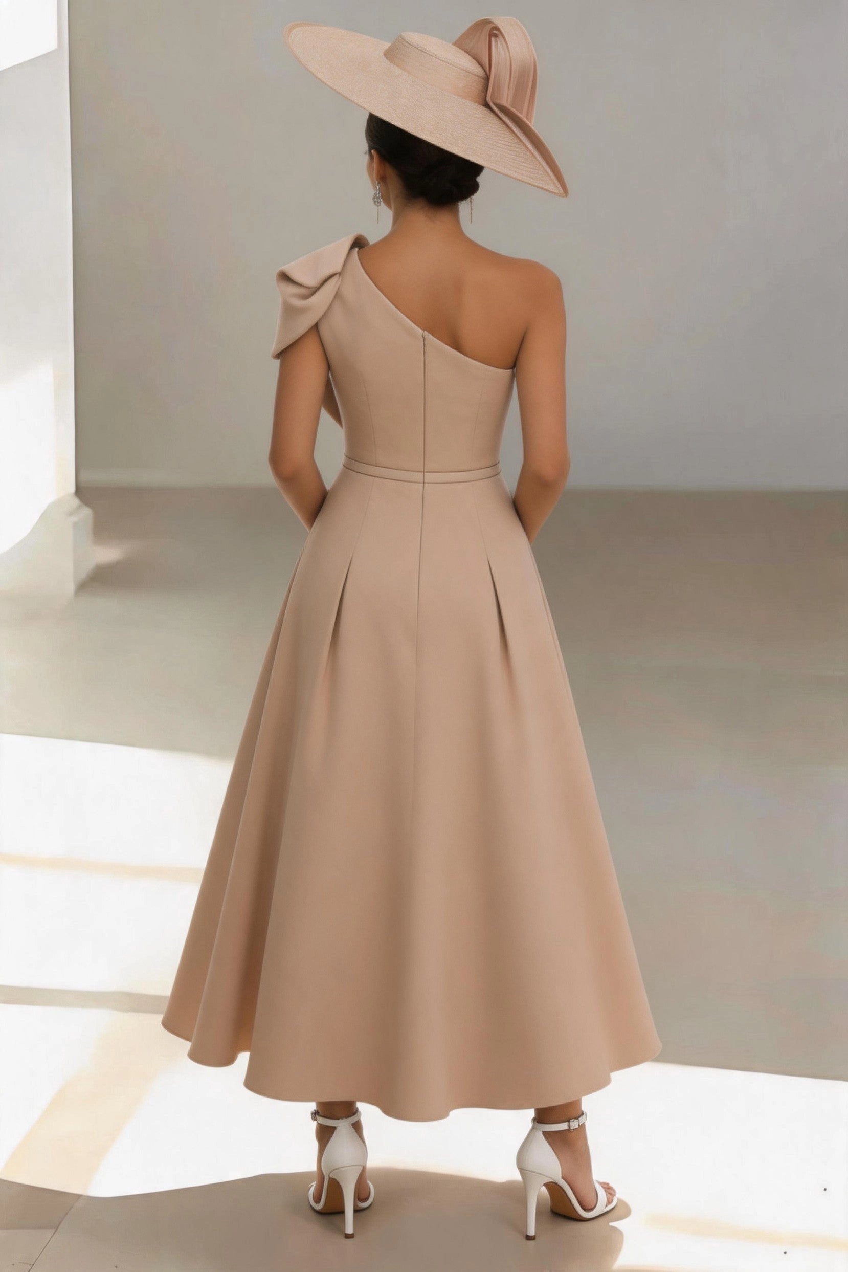 Elegant A-Line One Shoulder Sleeveless Zip Back Midi Mother Of The Bride Dress