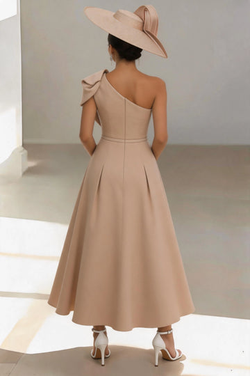 Elegant A-Line One Shoulder Sleeveless Zip Back Midi Mother Of The Bride Dress