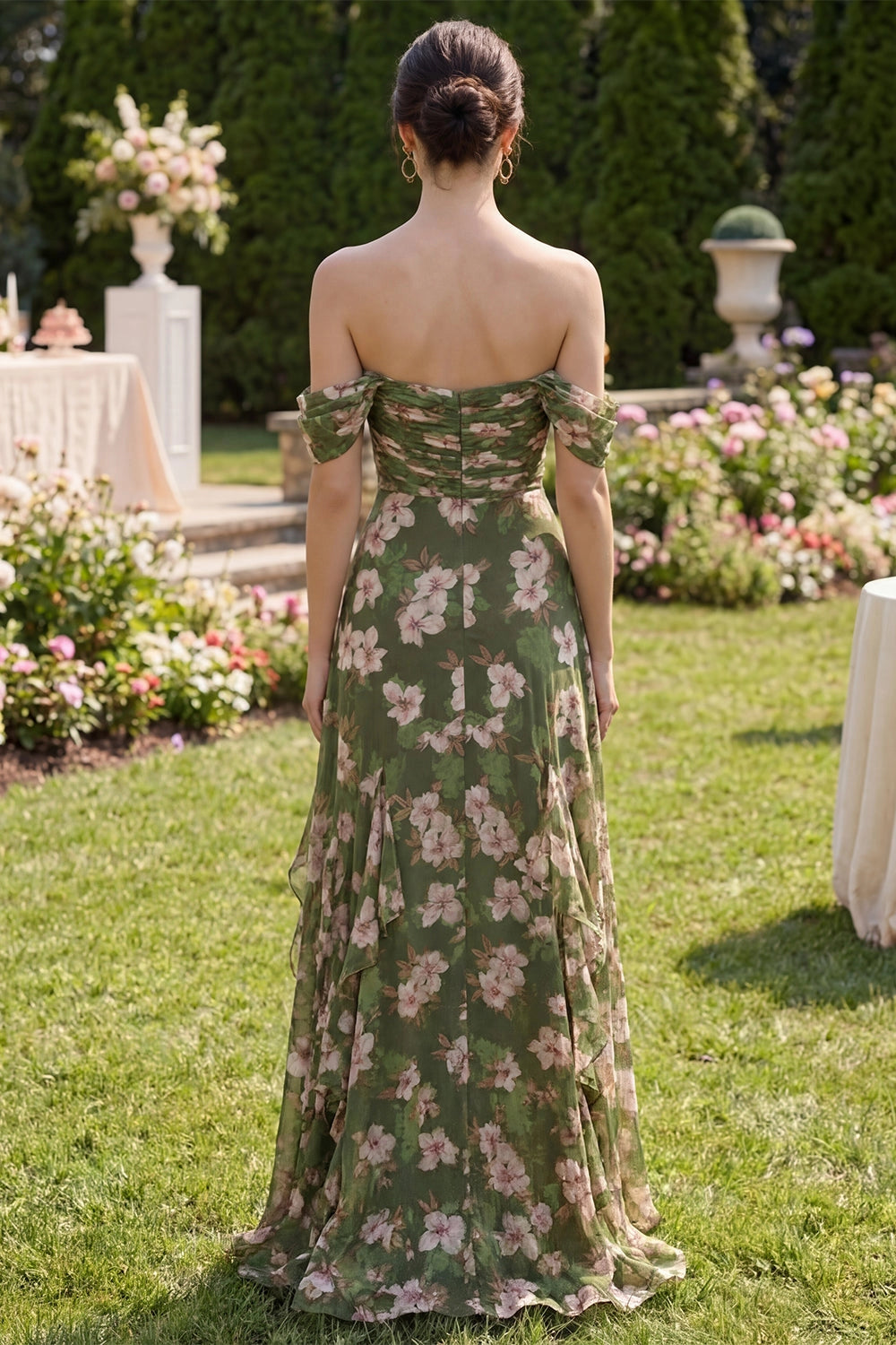Vedress green floral chiffon gown off shoulder back zip maxi formal dress rear view