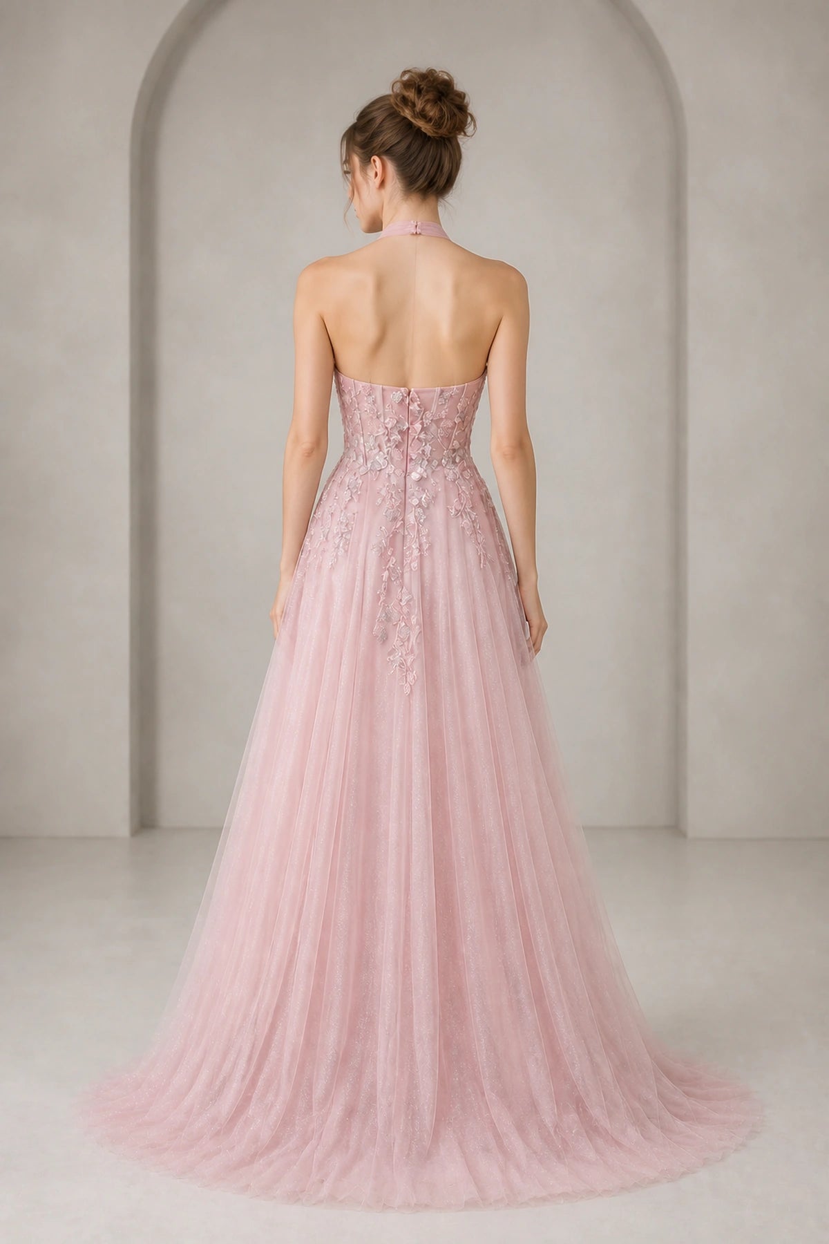 Back view Vedress blush formal gown,open halter back,invisible zipper,flowing tulle skirt with train