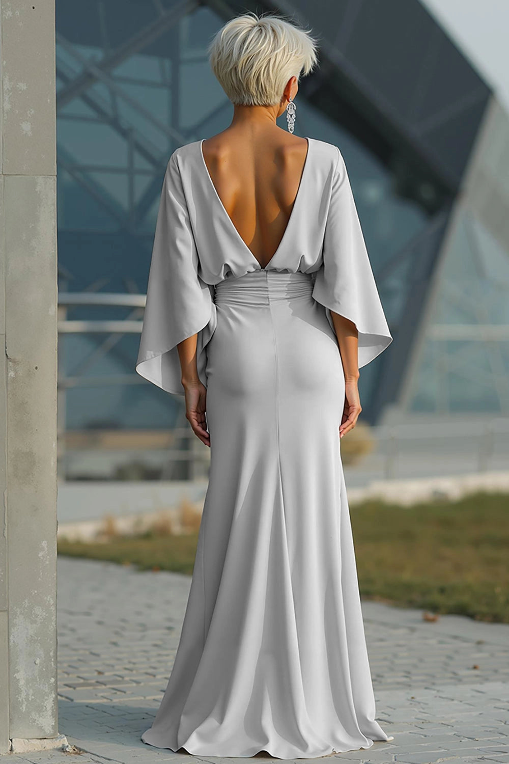 Vedress ruched waist deep v open back mother of the bride gown back view