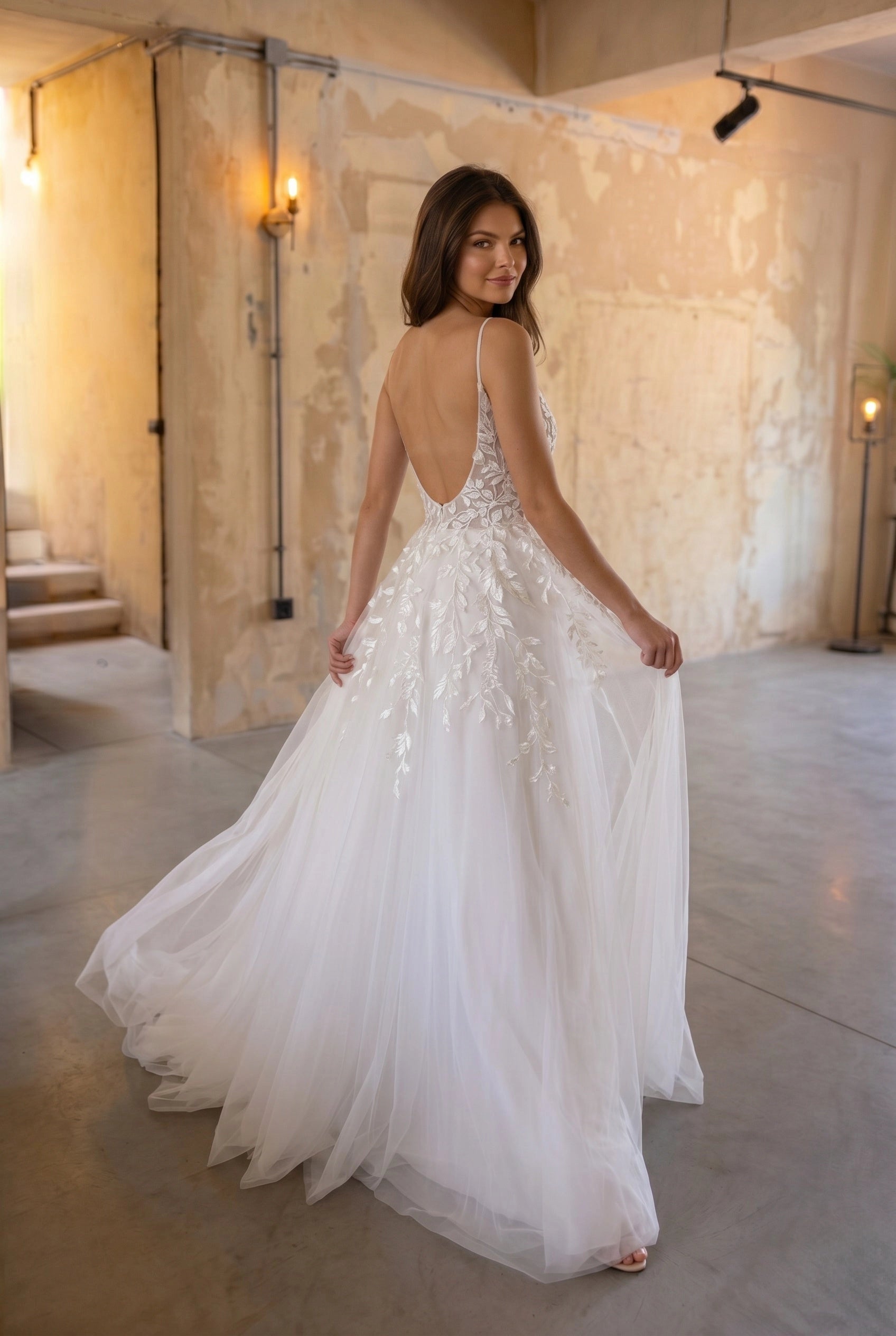 Vedress sheer leaf lace tulle bridal gown square strap deep low open back lightweight wedding dress rear view