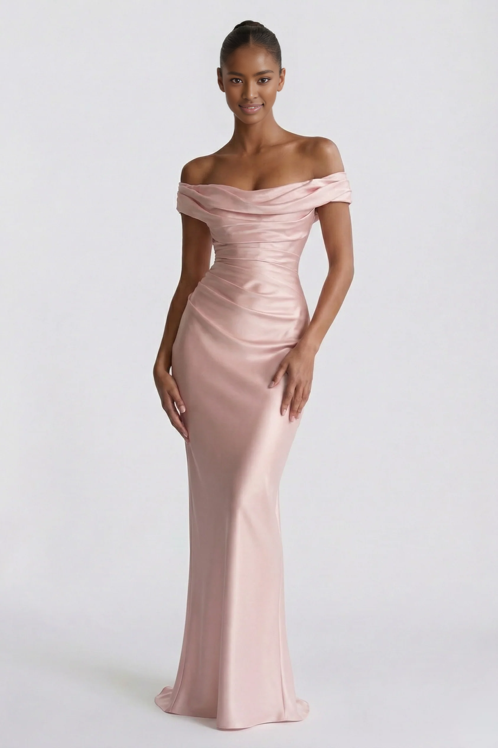 Sheath Off-the-Shoulder Short Sleeve Satin Ruched Lace-Up Evening Dress