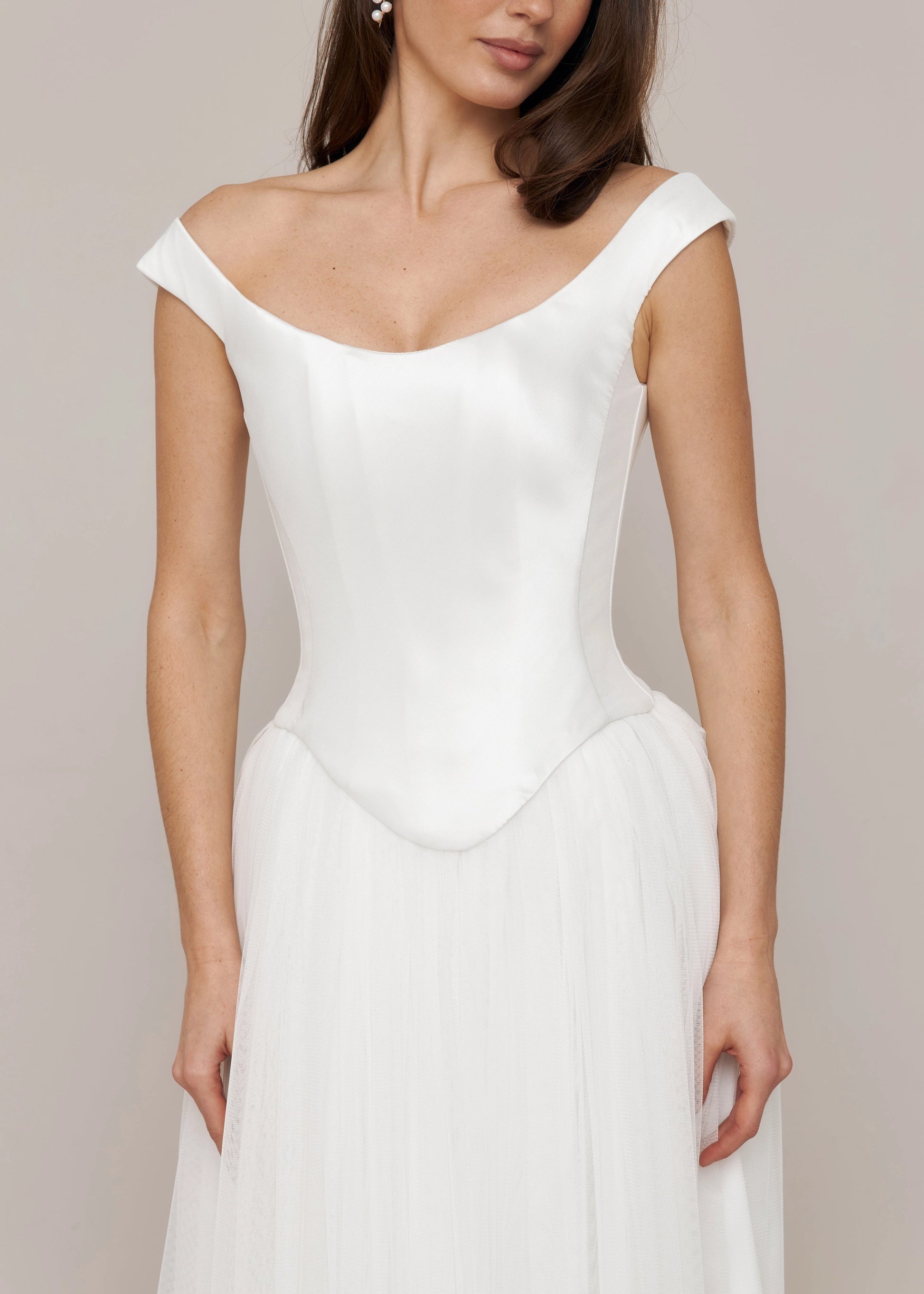 Minimalist A-line Off-shoulder Cap Sleeve Corset Back Floor-length Wedding Dress