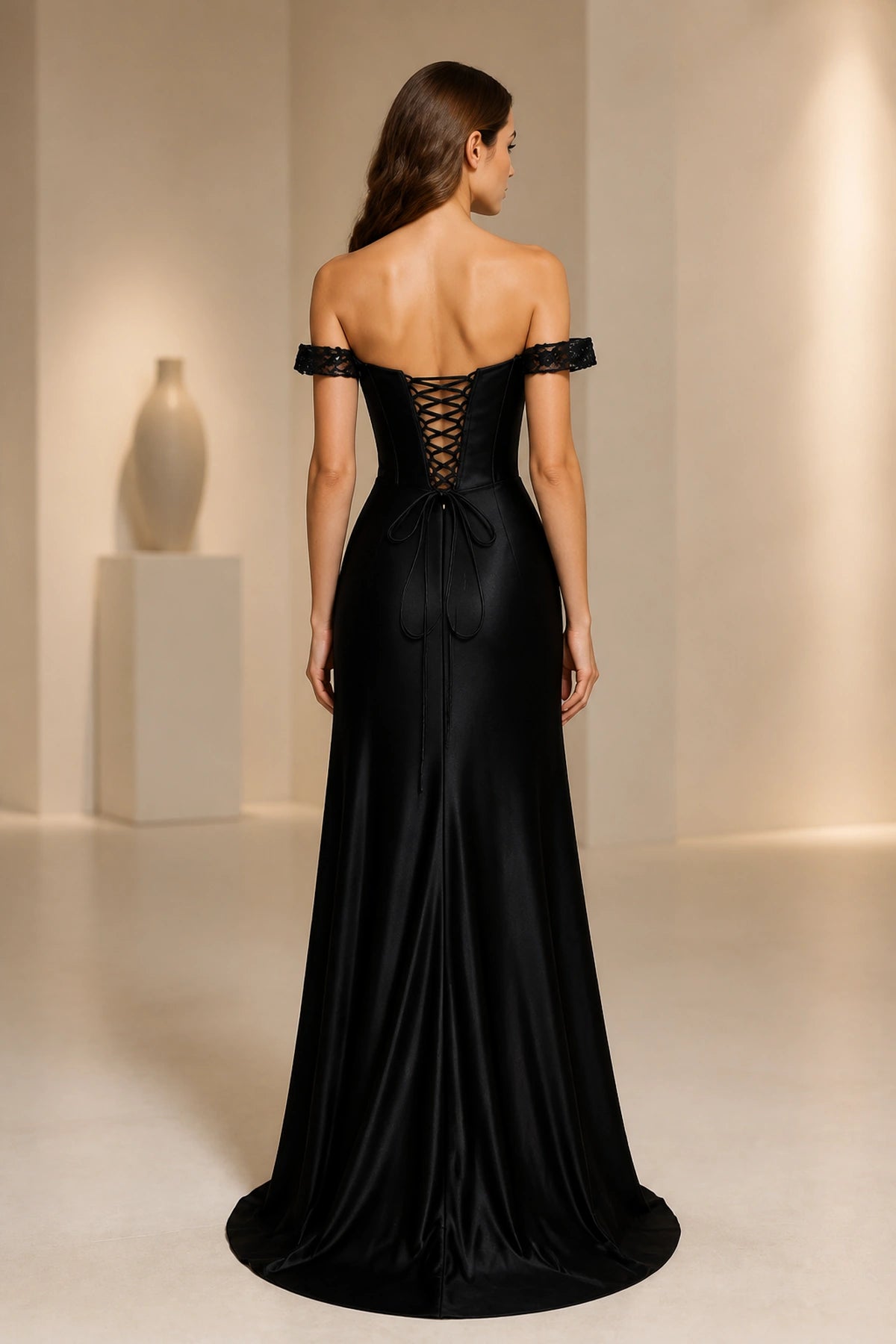 Back view Vedress black evening dress,corset lace‑up tie back,flowy satin floor length skirt