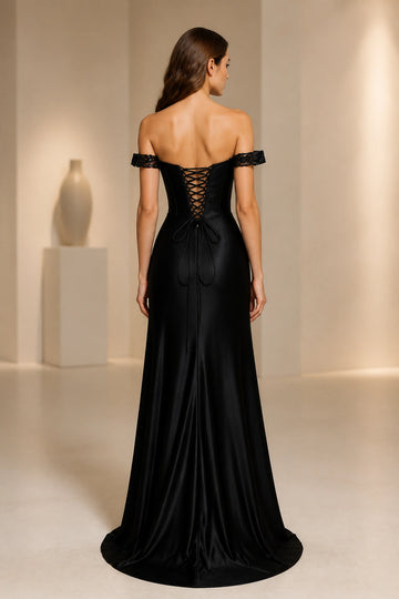 Back view Vedress black evening dress,corset lace‑up tie back,flowy satin floor length skirt