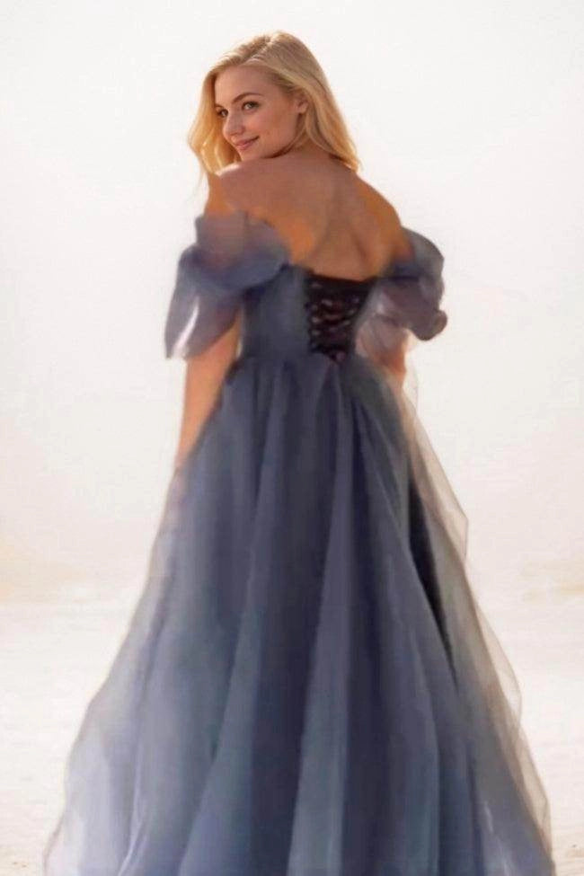 Dusty Blue Off The Shoulder Puff Sleeve Slit Tulle Lace-Up Back Long Prom Dress