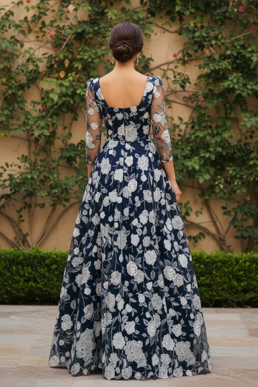 Elegant A-Line Square Neck 3/4 Sleeve Floral Floor Length Wedding Guest Dress