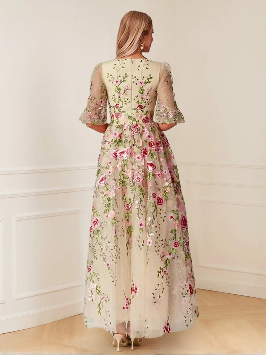Back view floral formal gown,straight zipper back,full A‑line skirt vedress