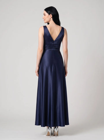 V‑back navy satin ruched waist long formal bridesmaid evening gown