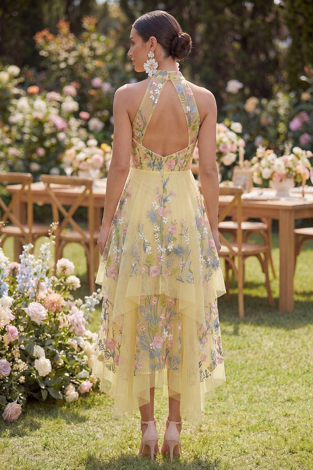 Yellow Floral Midi Halter Keyhole Back High Low Prom Dress