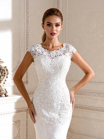 Classic Mermaid Bateau Cap Sleeve Lace Up Back Chapel Train Bridal Wedding Dress