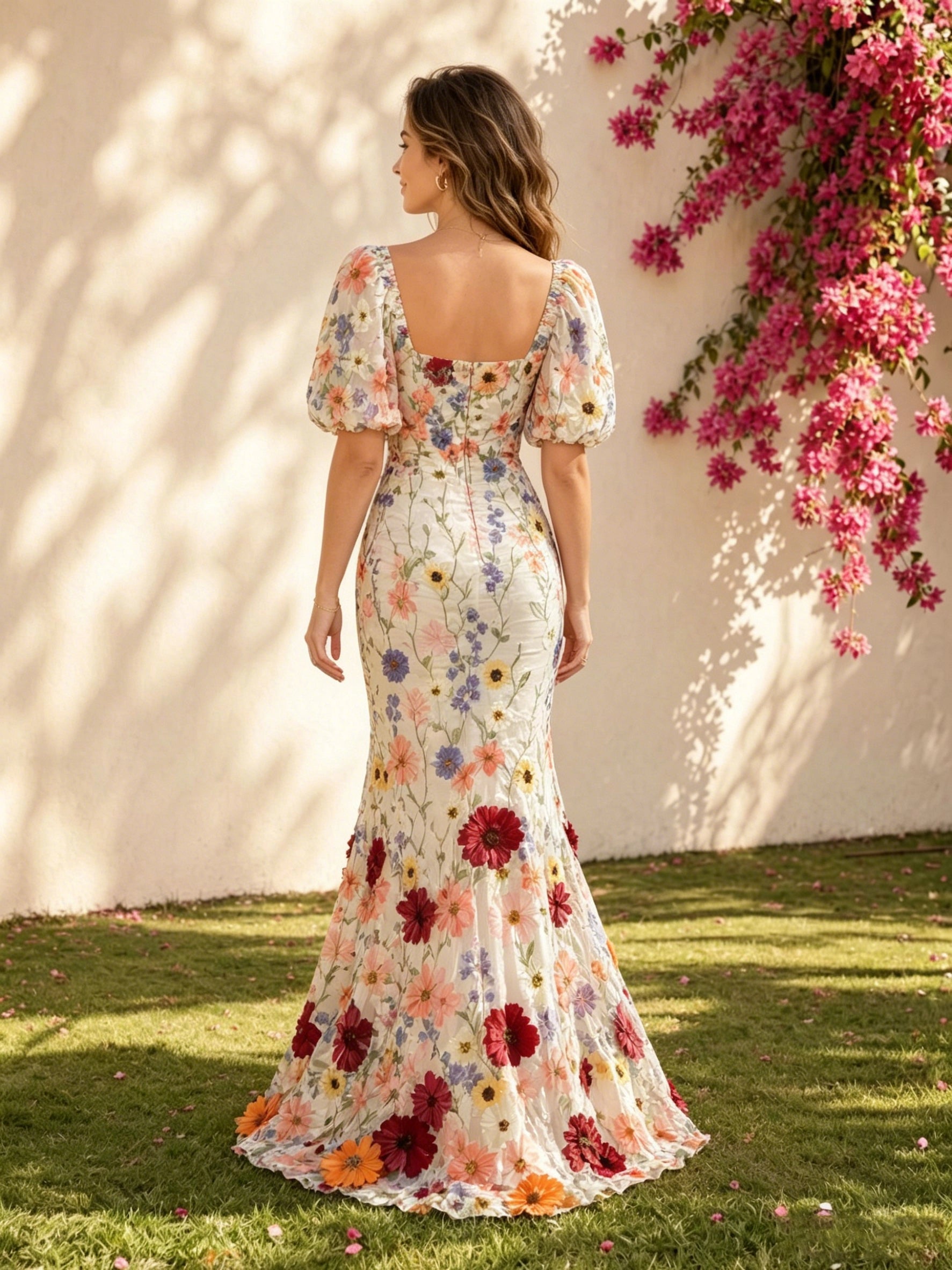 Back view Vedress low square zip‑back handmade flower applique fitted bridal gown