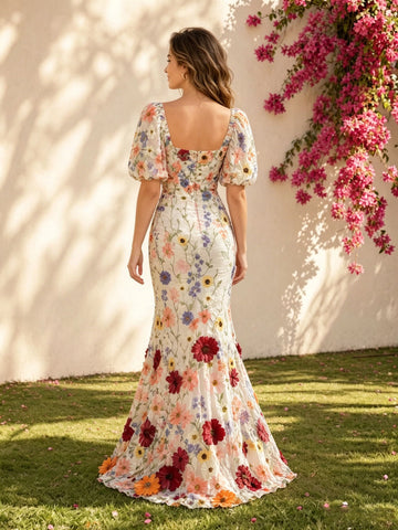 Back view Vedress low square zip‑back handmade flower applique fitted bridal gown
