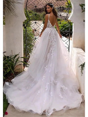 Lace Floral A-Line Deep V Spaghetti Strap Plunge Back Ruffle Train Wedding Gown