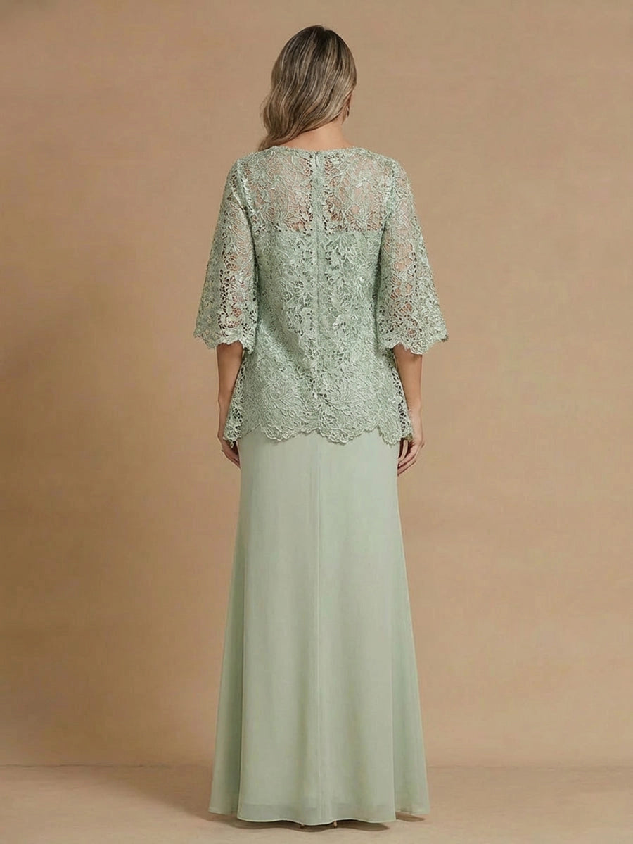 Vedress sage green lace chiffon formal dress back view,full lace upper back,center zipper closure,plain chiffon a‑line skirt,neutral backdrop