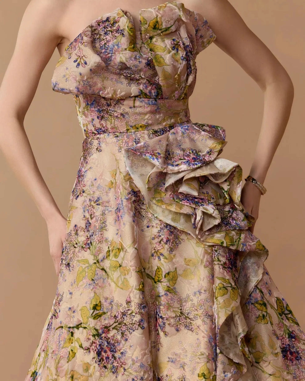 Floral A‑Line Strapless Ruffled Open Back Long Mother Of The Bride Dress