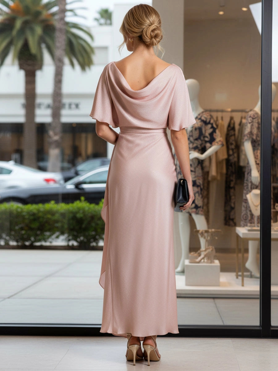 Vedress blush satin wrap waist cowl‑back midi bridesmaid dress with flutter short sleeves