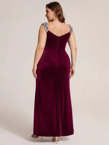 Vedress beaded strap zipper V‑back long velvet plus‑size formal mother‑of‑the‑bride dress back view