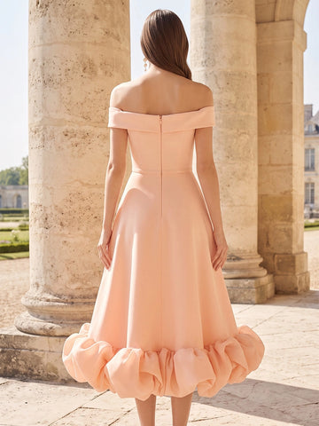 Back view Vedress peach midi bridesmaid dress,center zipper back,ruffled bubble hem formal gown