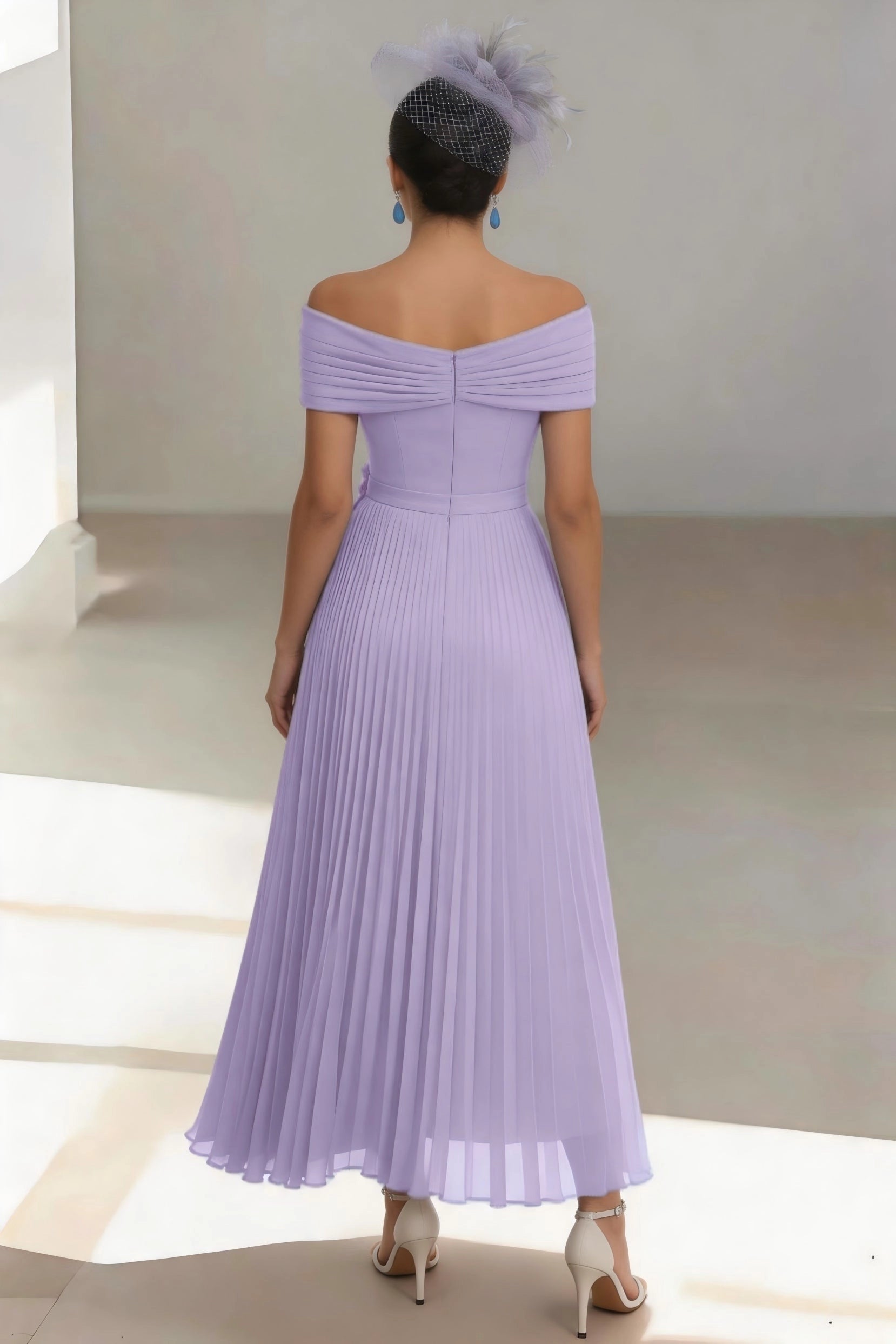 Romantic Pleated A-Line Off Shoulder Short Sleeve Zip Back Midi Mother Of The Bride Dress