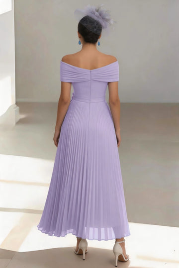 Romantic Pleated A-Line Off Shoulder Short Sleeve Zip Back Midi Mother Of The Bride Dress