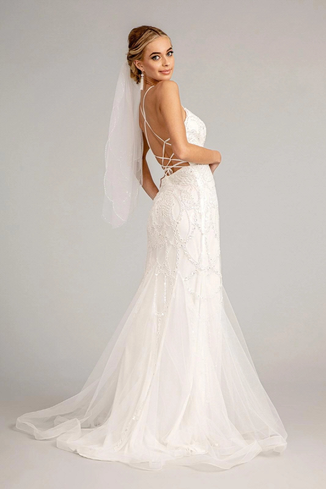 Art Deco Beaded Mermaid Spaghetti Strap V Neck Criss Cross Lace Up Tulle Wedding Dress