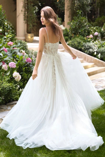 Ethereal A-Line V Neck Spaghetti Strap Sheer Corset Low Back Train Wedding Dress