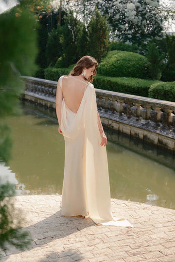 Luxury Sheath Cowl Sleeveless Open Back Floor‑Length Wedding Dress